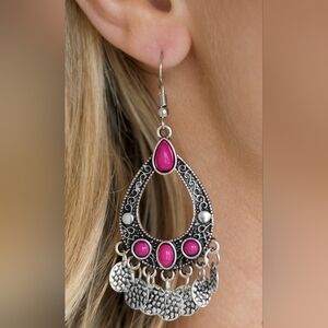 Boho Silver Teardrop Earrings with Pink Accents